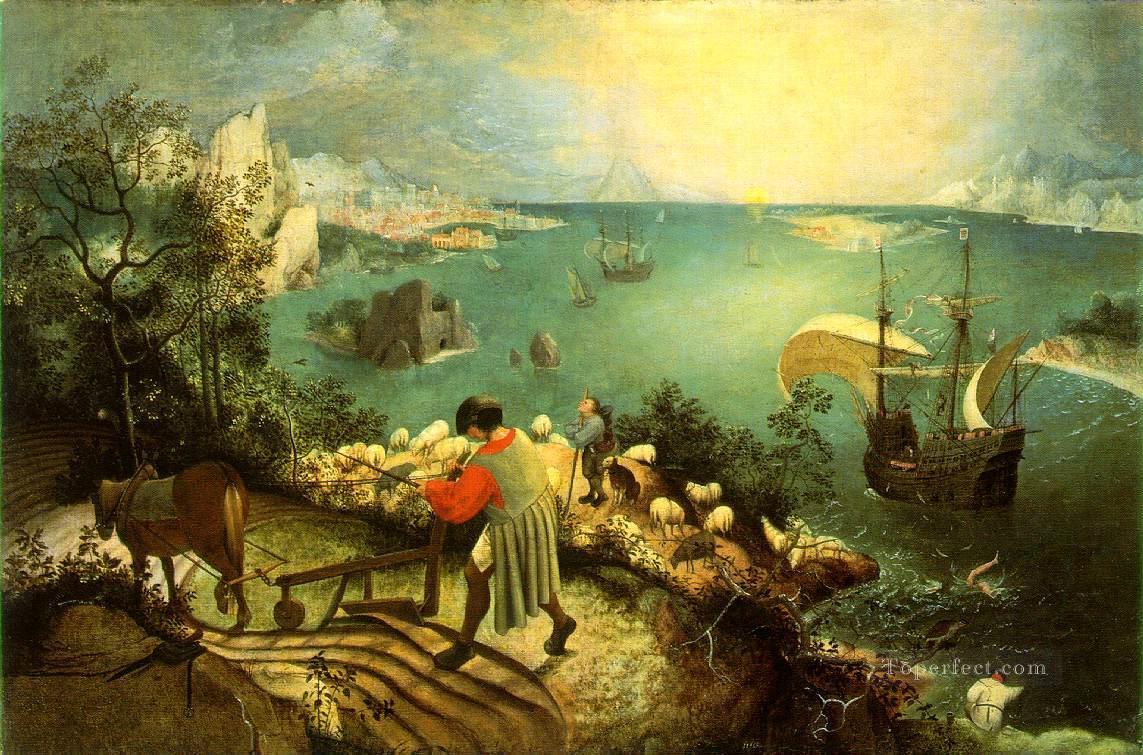 イカロスの堕落のある風景 フランドルのルネサンス農民ピーテル・ブリューゲル長老油絵